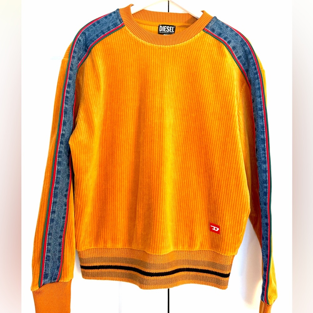 Diesel Orange Crewneck Sweater with Denim-Trim Sleeves
